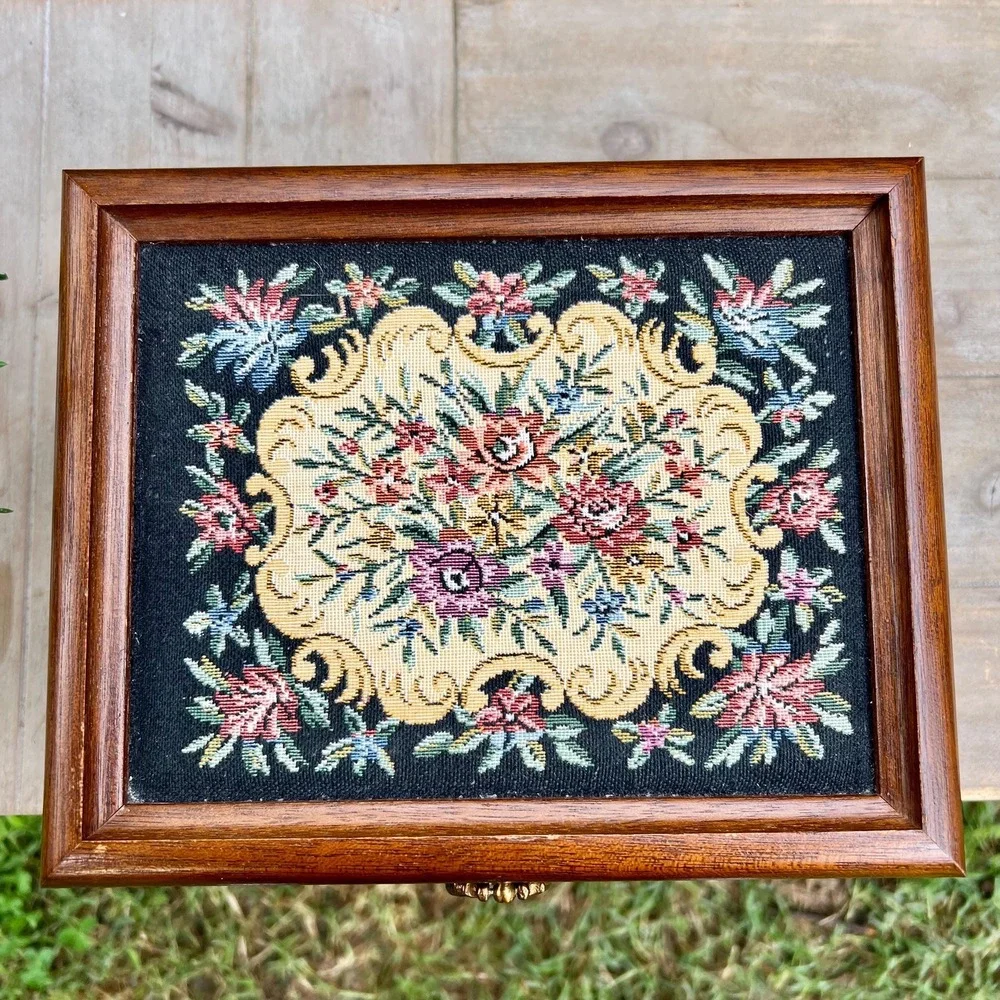 Vintage Floral Tapestry Wood Jewelry Box | Made in Japan